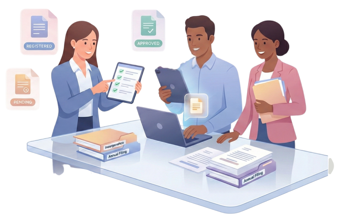 Illustration of the business team behind the company success.